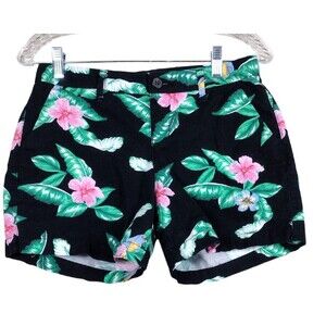 Old Navy Everyday Shorts Womens sz 2 Black Floral Hawaiian 100% Cotton Mid Rise